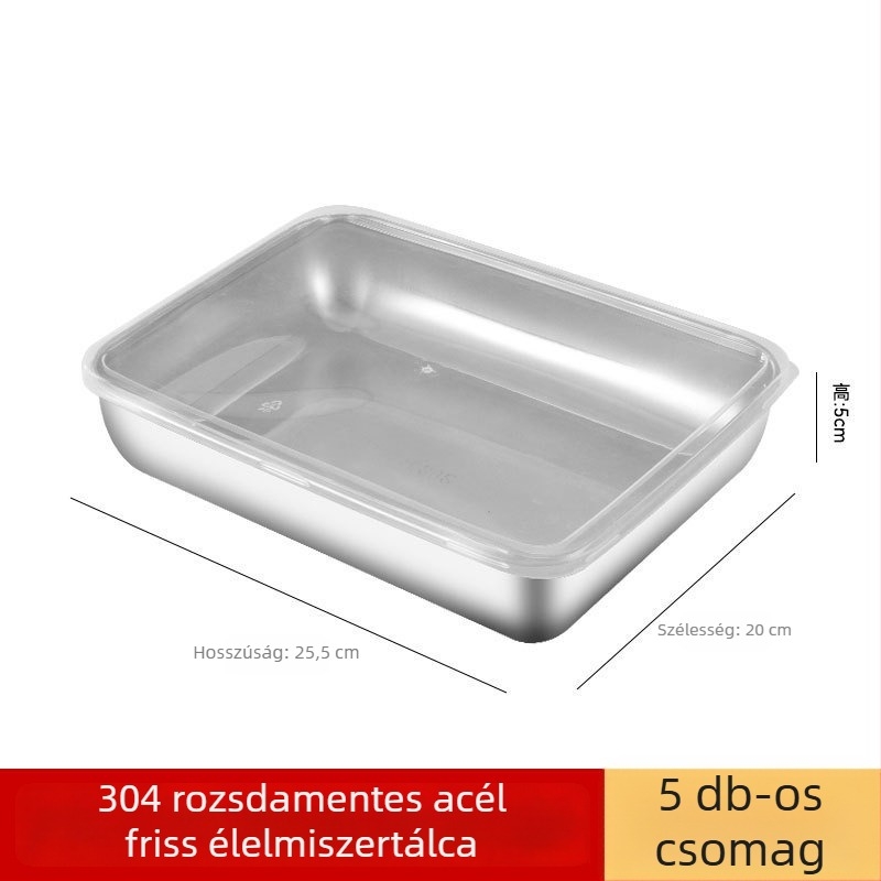 304 rozsdamentes acélból készült ebédes doboz fedővel, téglalap alakú, mikrohullámú sütőben használható, kapacitás 300 ml alatt, egy rétegű