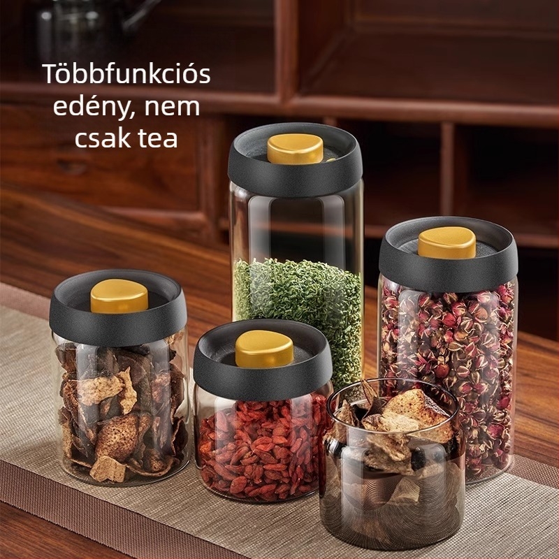 Vákuumos teás edény, élelmiszer-minőségű boroszilikát üveg, kerek zárható tároló a kávészemekhez, mikróbarát