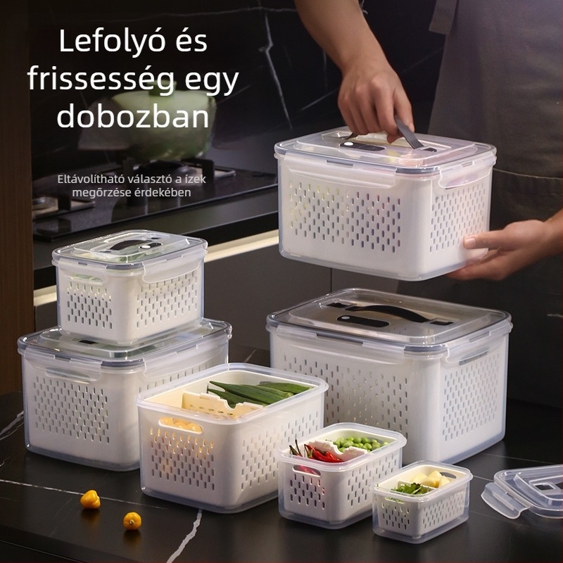 Műanyag téglalap alakú élelmiszertároló doboz fedéllel, két szintű, élelmiszer-minőségű, hűtőszekrényhez