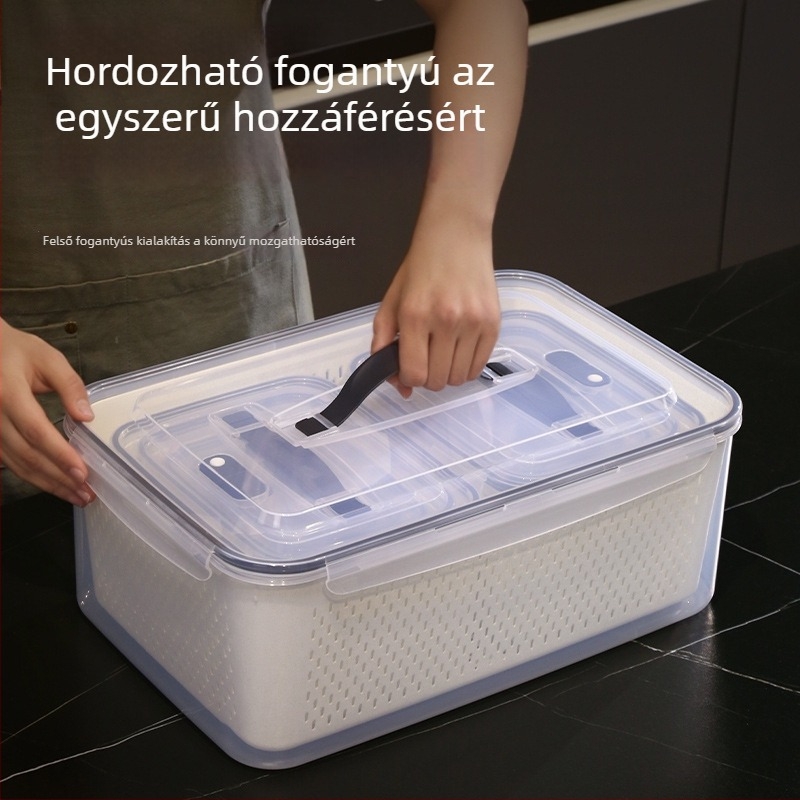 Műanyag téglalap alakú élelmiszertároló doboz fedéllel, két szintű, élelmiszer-minőségű, hűtőszekrényhez