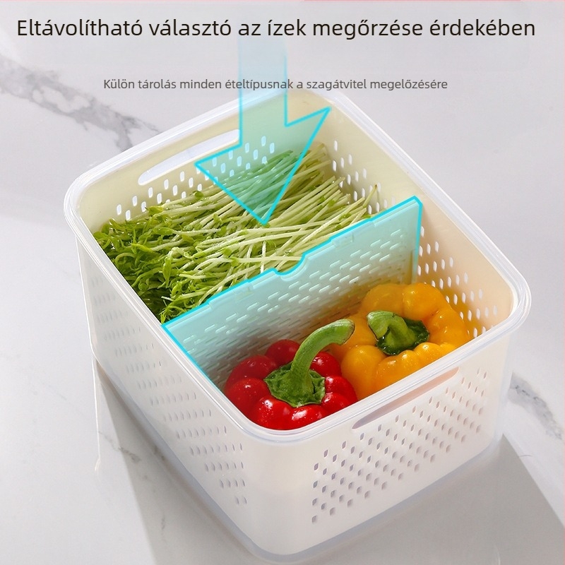 Műanyag téglalap alakú élelmiszertároló doboz fedéllel, két szintű, élelmiszer-minőségű, hűtőszekrényhez