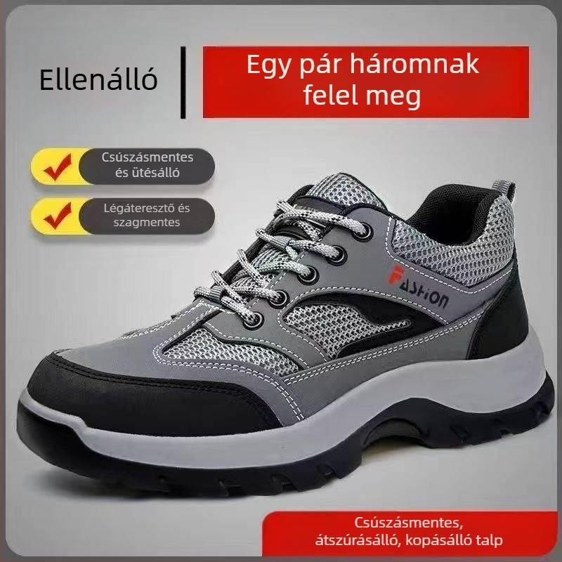 Anti-Crush és Anti-Puncture Biztonsági Cipő, középmagasságú felsőrész, Microfiber Leather + Flyknit Mesh
