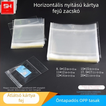 Horizontálisan nyitható öntapadós műanyag tasak kártyafejhez, átlátszó, akasztónyílással, ékszerekhez, játékokhoz és irodai kellékekhez, logóval