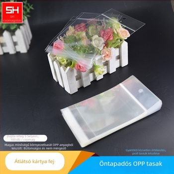 Horizontálisan nyitható öntapadós műanyag tasak kártyafejhez, átlátszó, akasztónyílással, ékszerekhez, játékokhoz és irodai kellékekhez, logóval