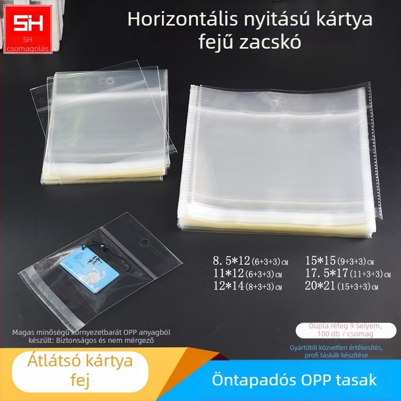 Horizontálisan nyitható öntapadós műanyag tasak kártyafejhez, átlátszó, akasztónyílással, ékszerekhez, játékokhoz és irodai kellékekhez, logóval