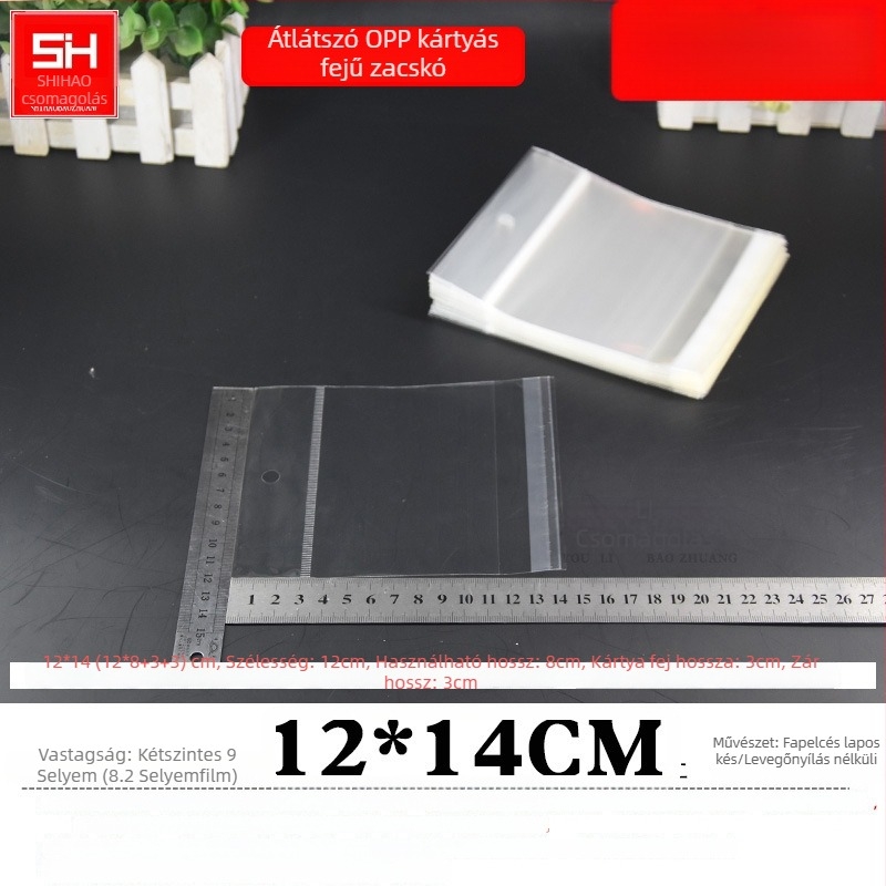 Horizontálisan nyitható öntapadós műanyag tasak kártyafejhez, átlátszó, akasztónyílással, ékszerekhez, játékokhoz és irodai kellékekhez, logóval