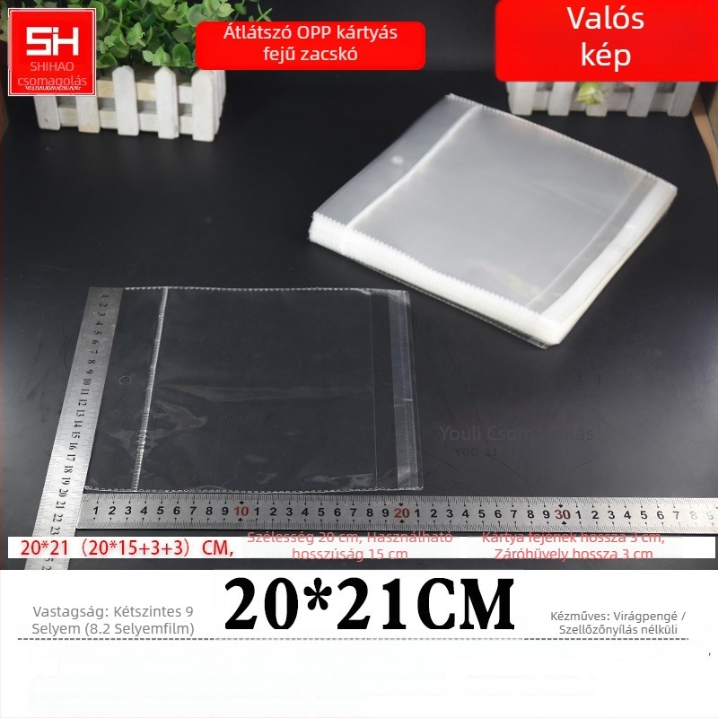 Horizontálisan nyitható öntapadós műanyag tasak kártyafejhez, átlátszó, akasztónyílással, ékszerekhez, játékokhoz és irodai kellékekhez, logóval