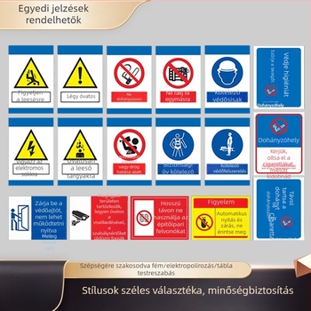 Rozsdamentes acél gépek biztonsági jelzőtáblája – szitanyomás/gravírozás, ipari berendezések jelzése, testre szabható