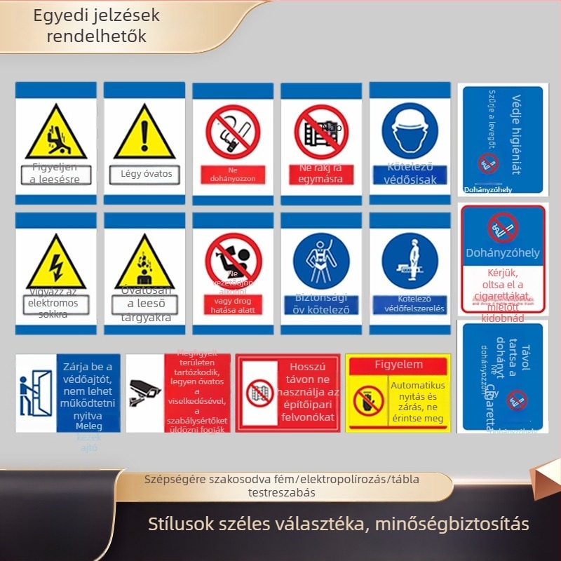 Rozsdamentes acél gépek biztonsági jelzőtáblája – szitanyomás/gravírozás, ipari berendezések jelzése, testre szabható
