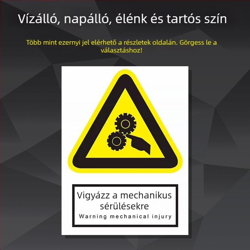 Rozsdamentes acél gépek biztonsági jelzőtáblája – szitanyomás/gravírozás, ipari berendezések jelzése, testre szabható