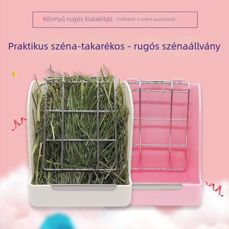 Maca-stílusú rugós fűtartó nyulaknak, csincsilláknak és törpenyulaknak — praktikus és hatékony, megőrzi a fűvet és megelőzi a pazarlást, nagy kapacitású kisnyulak számára