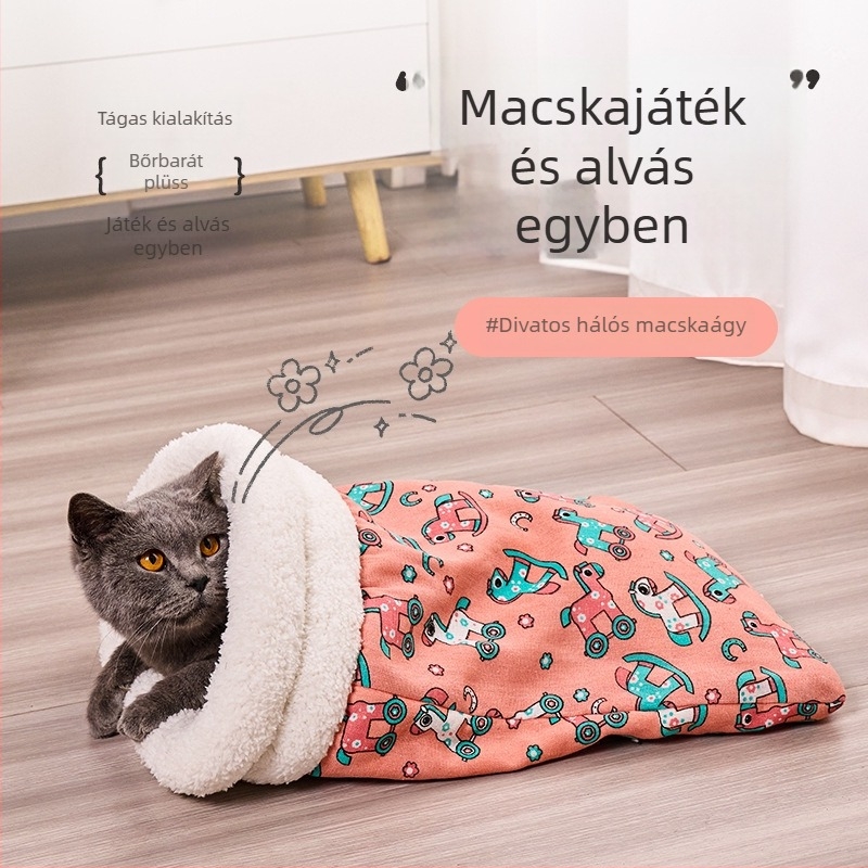 Téli meleg, félig zárt macskafészek ágy, párnával és alagúttal
