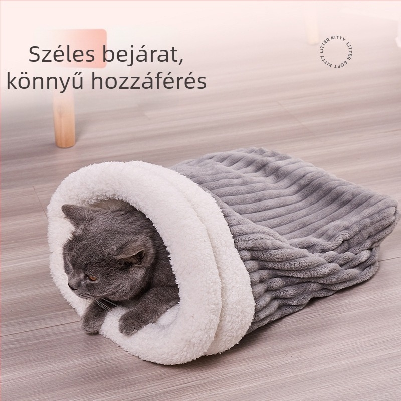 Téli meleg, félig zárt macskafészek ágy, párnával és alagúttal