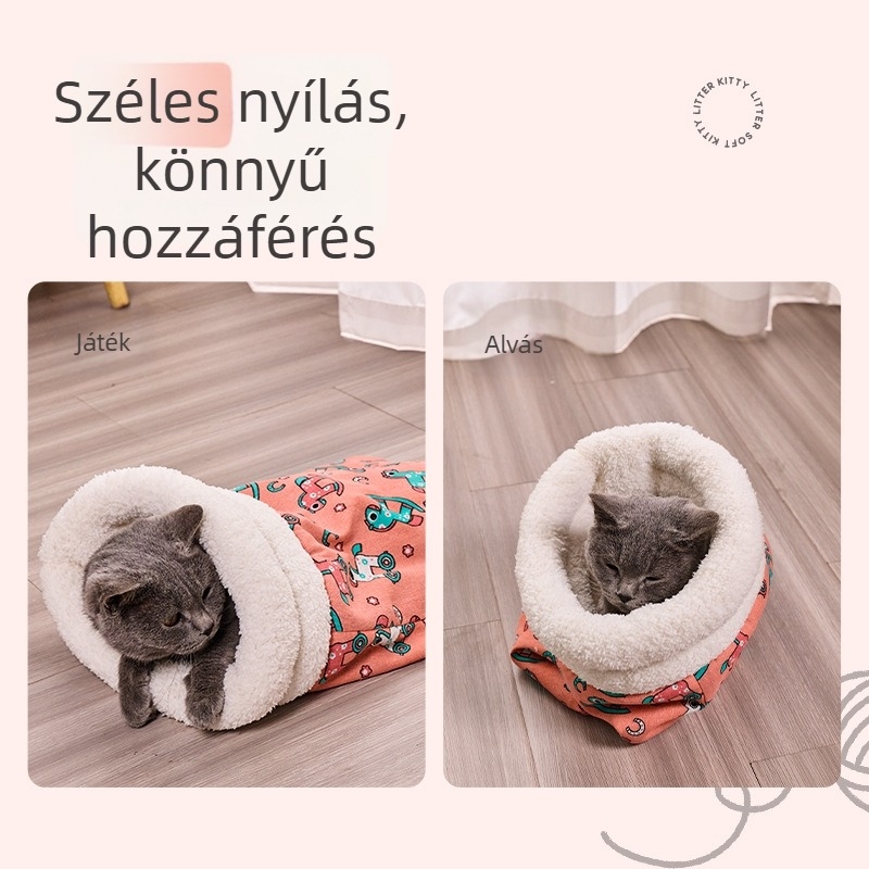 Téli meleg, félig zárt macskafészek ágy, párnával és alagúttal