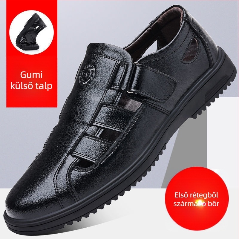 Férfiaknak készült valódi bőrből készült szandál, légáteresztő perforált felsőrész, Velcro-zár, bőr bélés, PU talp