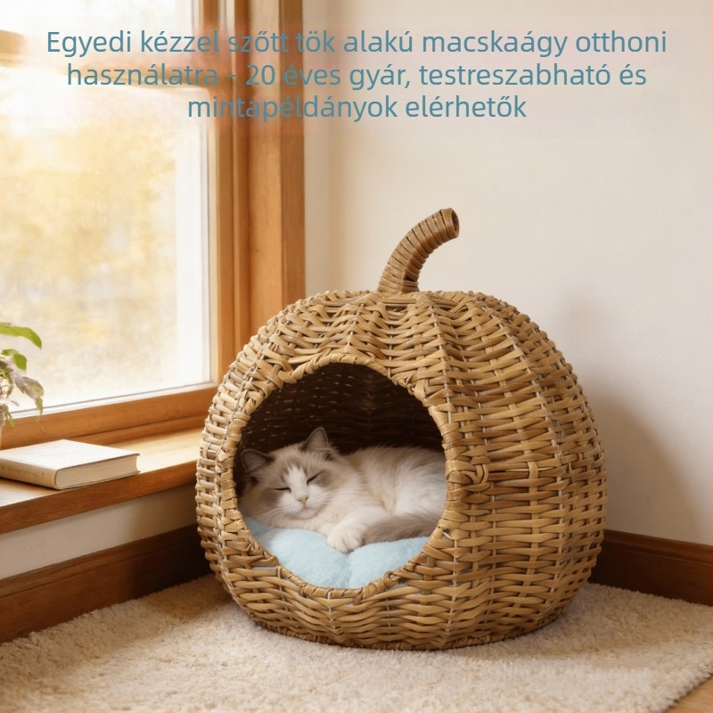 Macska villa – kézzel szőtt beltéri macskafészek, anyag: PE gumi rattan + szénacél, testre szabható tök alakú macskafészek otthoni használatra