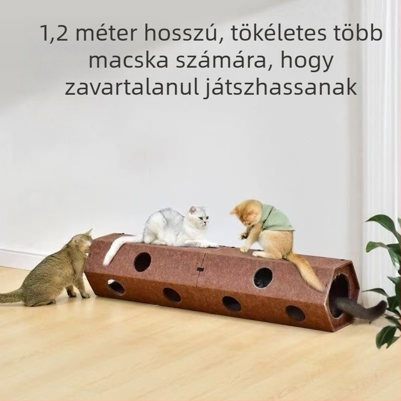 Hatszögletű filcből készült macskatúnel és hálóhely – egész éves használatra