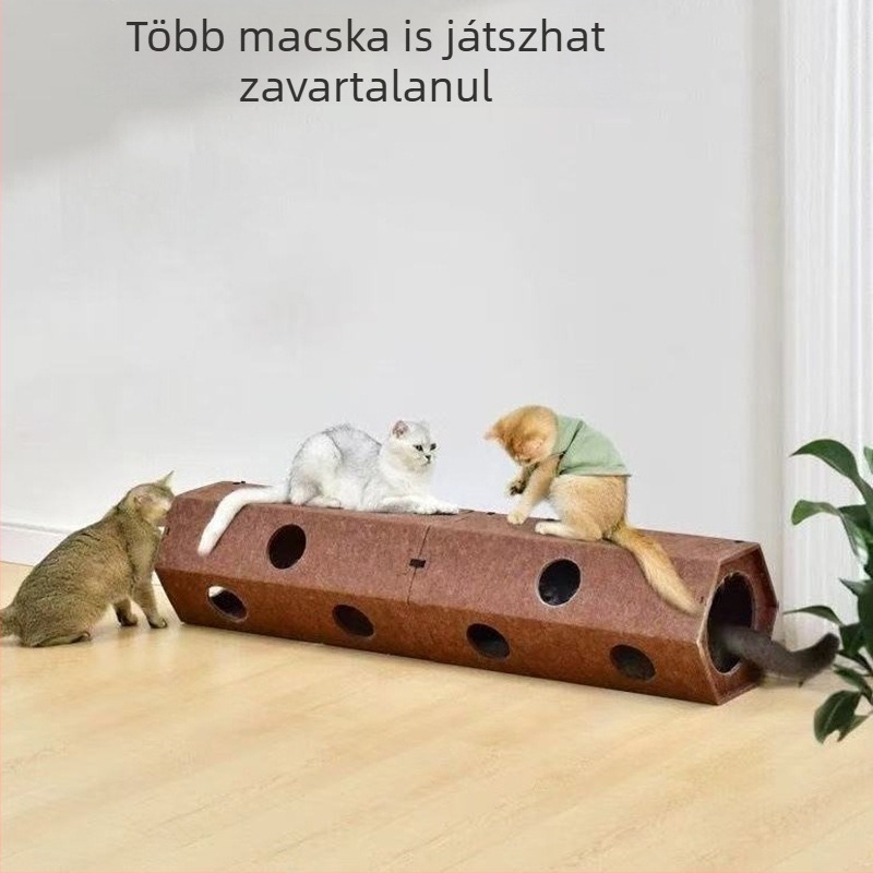 Hatszögletű filcből készült macskatúnel és hálóhely – egész éves használatra