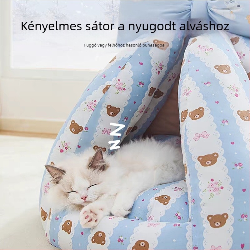 Őszi–téli félzárt kisállatfészek, ház alakú matrac, pillangó–tök dizájn