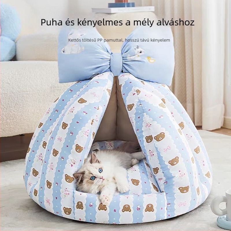 Őszi–téli félzárt kisállatfészek, ház alakú matrac, pillangó–tök dizájn