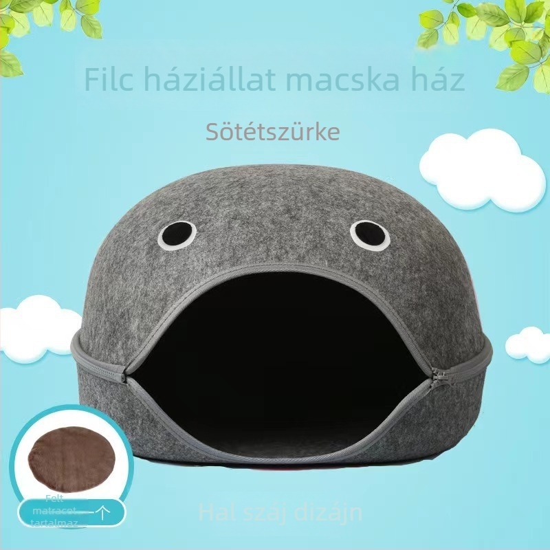 Filcből készült macskafészek, fél-nyitott dizájn, levehető és mosható, melegen tartja a cicát, minden évszakra