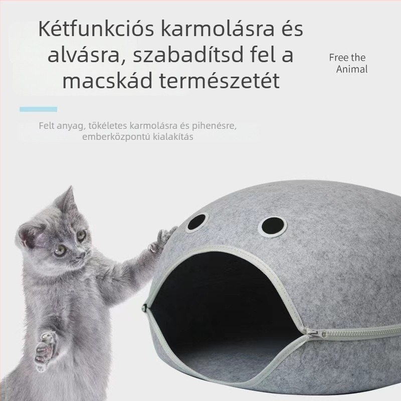 Filcből készült macskafészek, fél-nyitott dizájn, levehető és mosható, melegen tartja a cicát, minden évszakra
