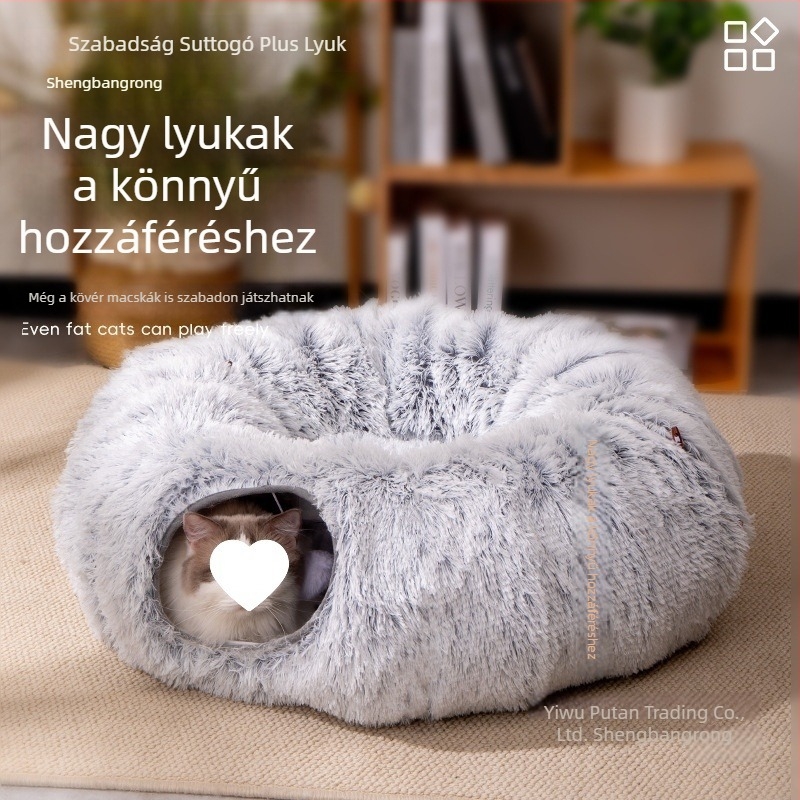 Téli macskatunnel hosszú plüssből készült, meleg, összecsukható