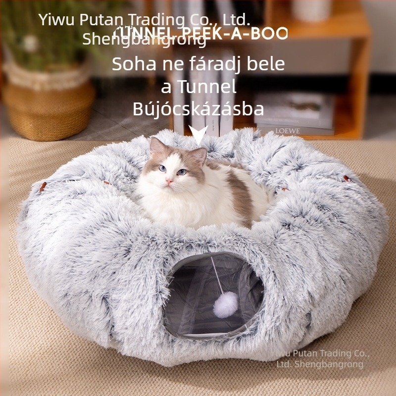 Téli macskatunnel hosszú plüssből készült, meleg, összecsukható
