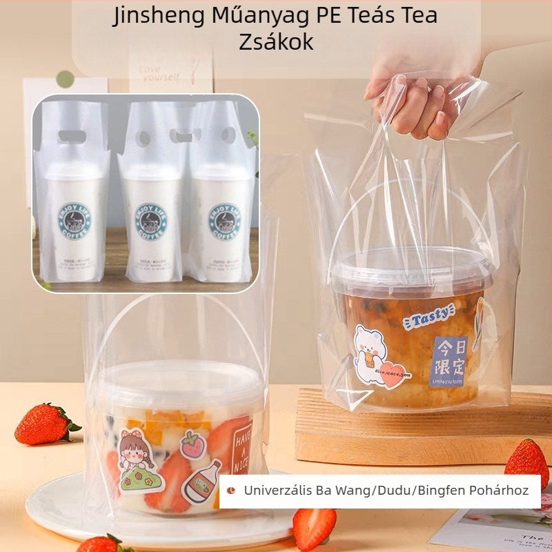 Eldobható pohárszállító táska tej-tea számára, 100 db, kompatibilis egyrészes/dupla pohárhoz, fogantyúval — Eredet Anhui, Jinsheng Plastic márka, napi kapacitás 10 tonna