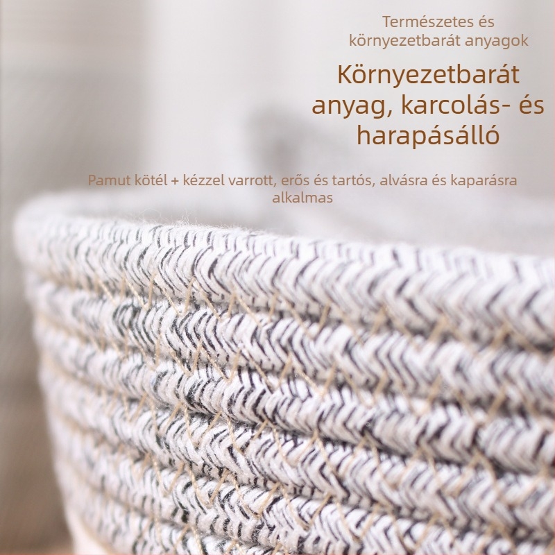 Macskaágy barlanggal és kaparódeszkával – kézzel szőtt textil, mindent egyben