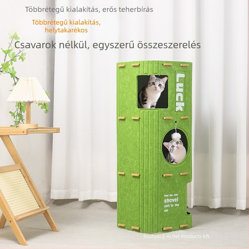 Filcből készült macskagödör többszintes felépítéssel: duplafokú és tripla kapaszkodó, beltéri macskabútor és ház