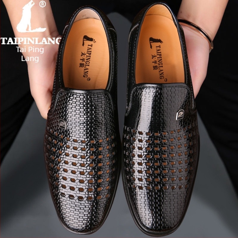 Férfi patent bőr slip-on ruhacipő, lélegző üreges felsőrész, műbőr bélés, műanyag talp