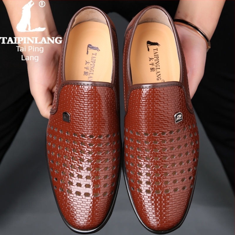 Férfi patent bőr slip-on ruhacipő, lélegző üreges felsőrész, műbőr bélés, műanyag talp