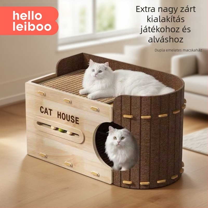 Kétszintes macskafészek, egész éves használatra, beépített karmolódeszkával és macskalyukkal, téli zárt macskaház, karmolásálló