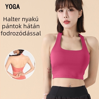 Női halter nyakú sportmelltartó, gyorsan száradó poliészter-keverék, teljes kosár közepes formázással, rögzített vállpántok, bélés spandex-szel, jóga top külső viselethez