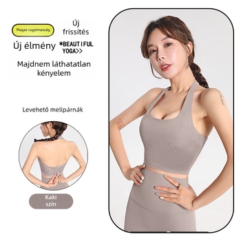 Női halter nyakú sportmelltartó, gyorsan száradó poliészter-keverék, teljes kosár közepes formázással, rögzített vállpántok, bélés spandex-szel, jóga top külső viselethez