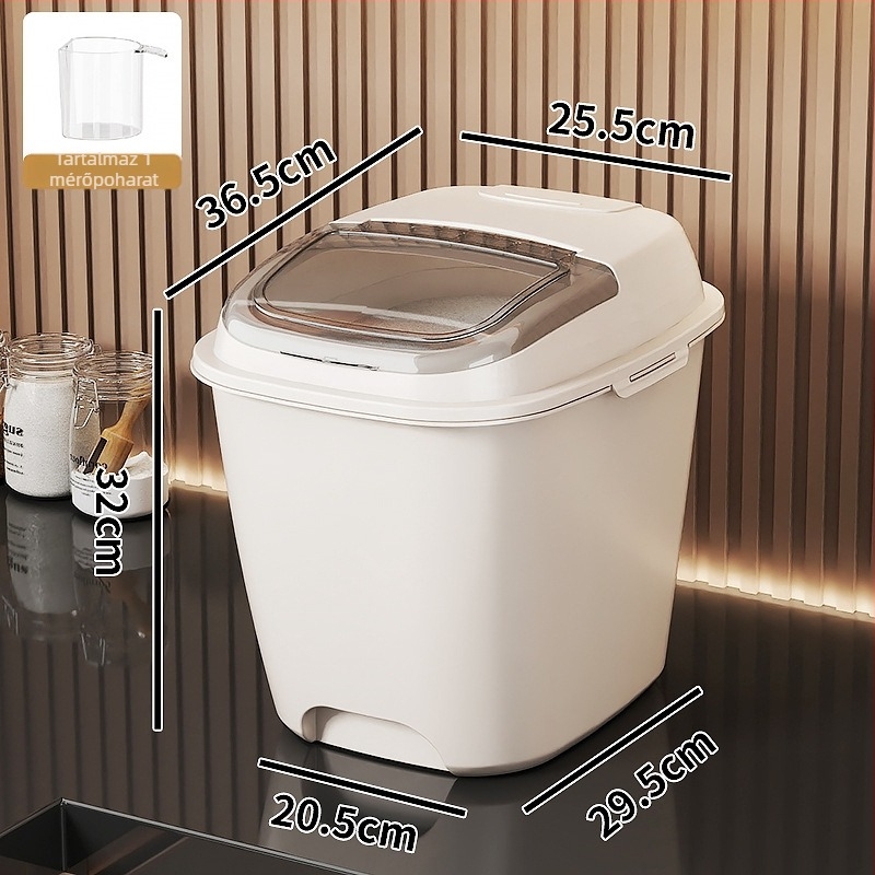 Rizs-tároló doboz – Zárt, Nedvességálló és Rovarok elleni védelem; PP műanyag, Élelmiszer-minőségű; Kapacitás 10 L+; Modern design