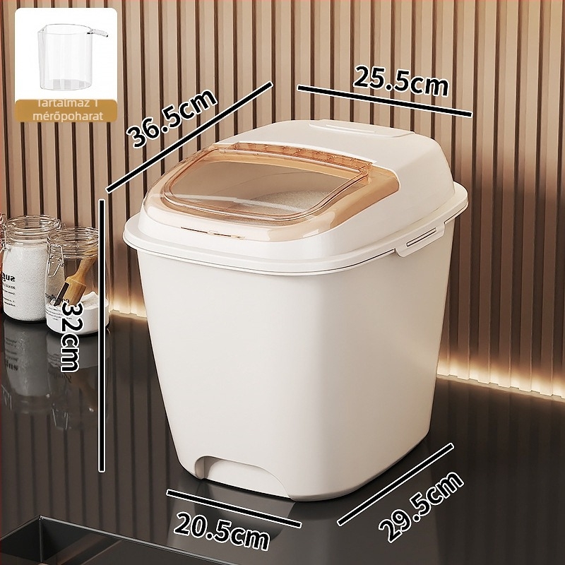 Rizs-tároló doboz – Zárt, Nedvességálló és Rovarok elleni védelem; PP műanyag, Élelmiszer-minőségű; Kapacitás 10 L+; Modern design