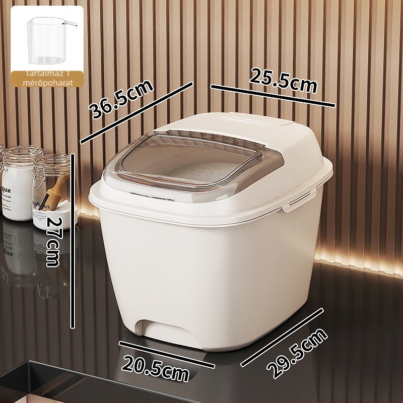 Rizs-tároló doboz – Zárt, Nedvességálló és Rovarok elleni védelem; PP műanyag, Élelmiszer-minőségű; Kapacitás 10 L+; Modern design