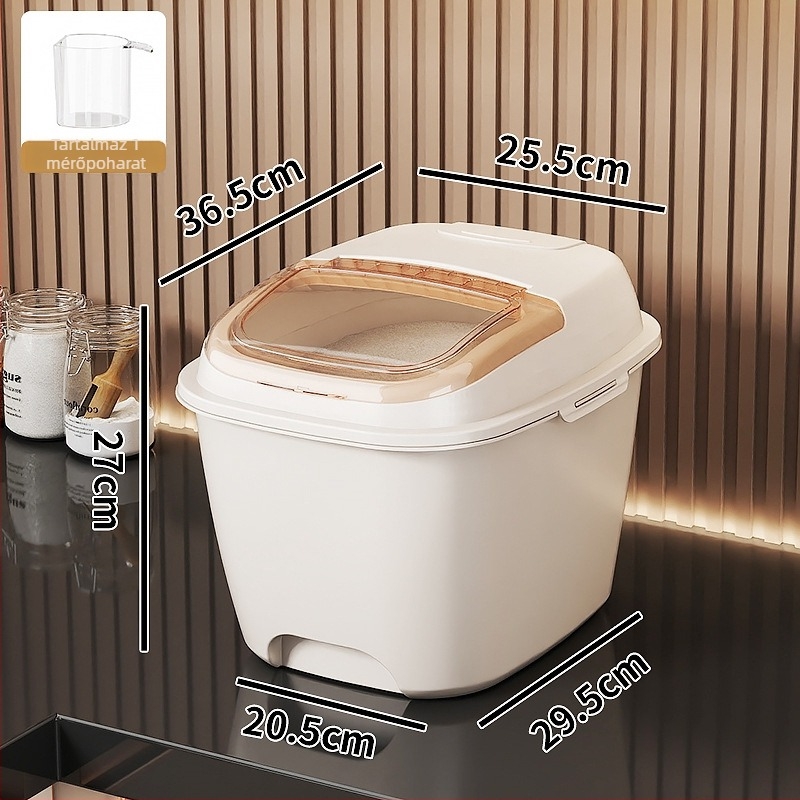 Rizs-tároló doboz – Zárt, Nedvességálló és Rovarok elleni védelem; PP műanyag, Élelmiszer-minőségű; Kapacitás 10 L+; Modern design