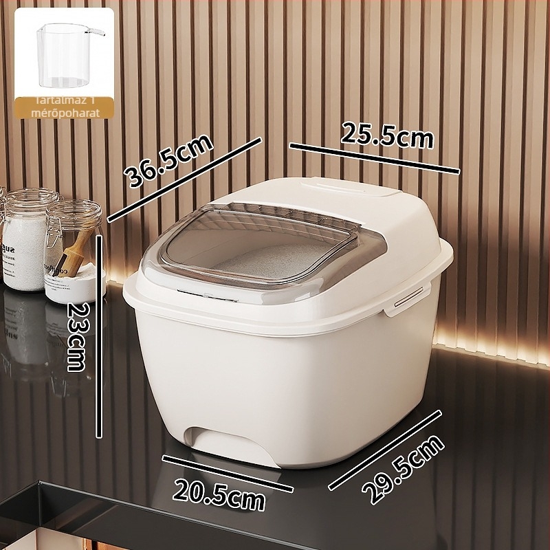 Rizs-tároló doboz – Zárt, Nedvességálló és Rovarok elleni védelem; PP műanyag, Élelmiszer-minőségű; Kapacitás 10 L+; Modern design