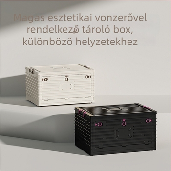 Műanyag tároló doboz, összecsukható kerekekkel, 50-60 literes kapacitás, PP anyag, billenő fedél