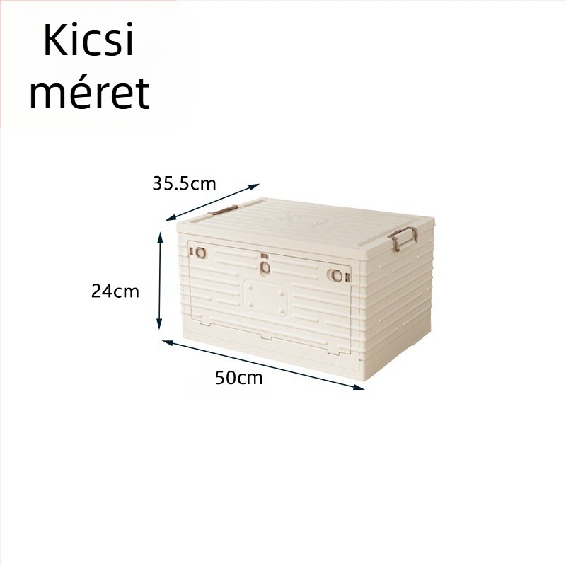 Műanyag tároló doboz, összecsukható kerekekkel, 50-60 literes kapacitás, PP anyag, billenő fedél