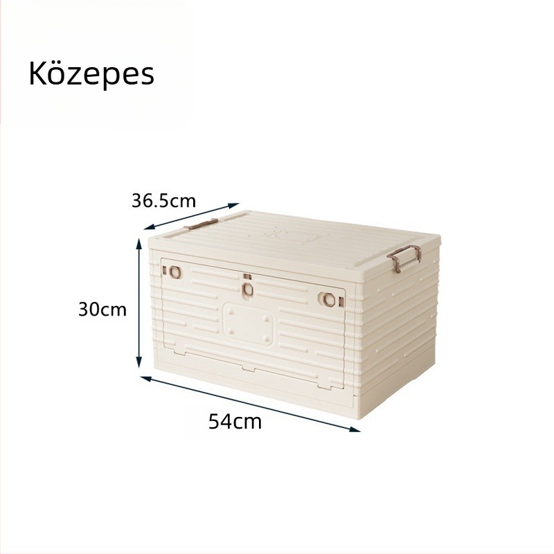 Műanyag tároló doboz, összecsukható kerekekkel, 50-60 literes kapacitás, PP anyag, billenő fedél