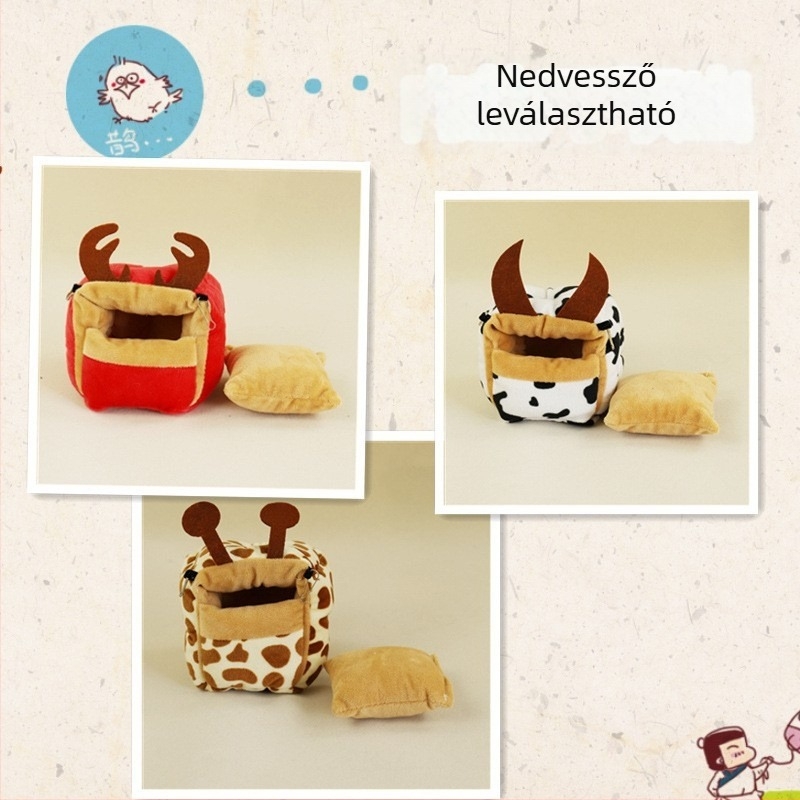 Hamsterfészek kristály fleece anyaggal, négyzet alakú, karikatúra stílus, melegen tartja a hamstert
