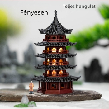 LED-es világítású pagoda bonsai mini táj dísze, PLA műanyag, abszorbeáló kő