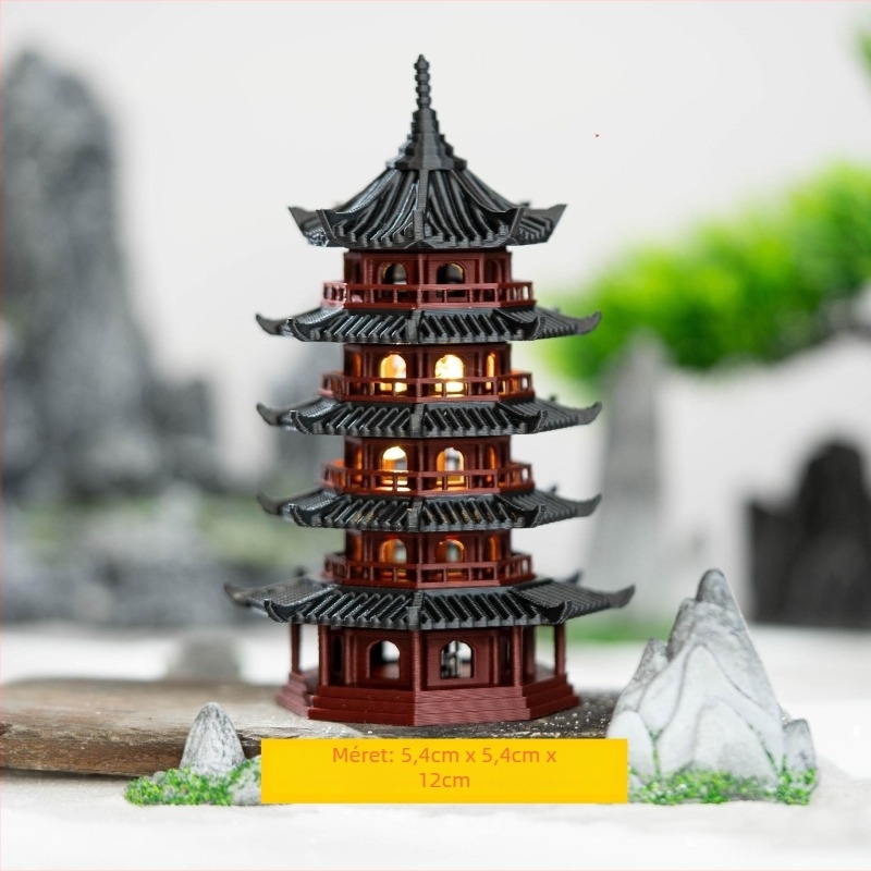 LED-es világítású pagoda bonsai mini táj dísze, PLA műanyag, abszorbeáló kő