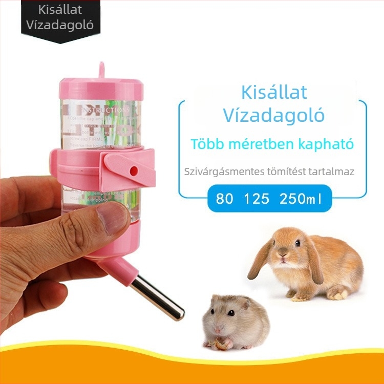 Nyúl, hörcsög, csincsilla és tengerimalac vízadagoló – 80/125/250 ml, csepegés elleni, dupla rozsdamentes acélgolyókkal