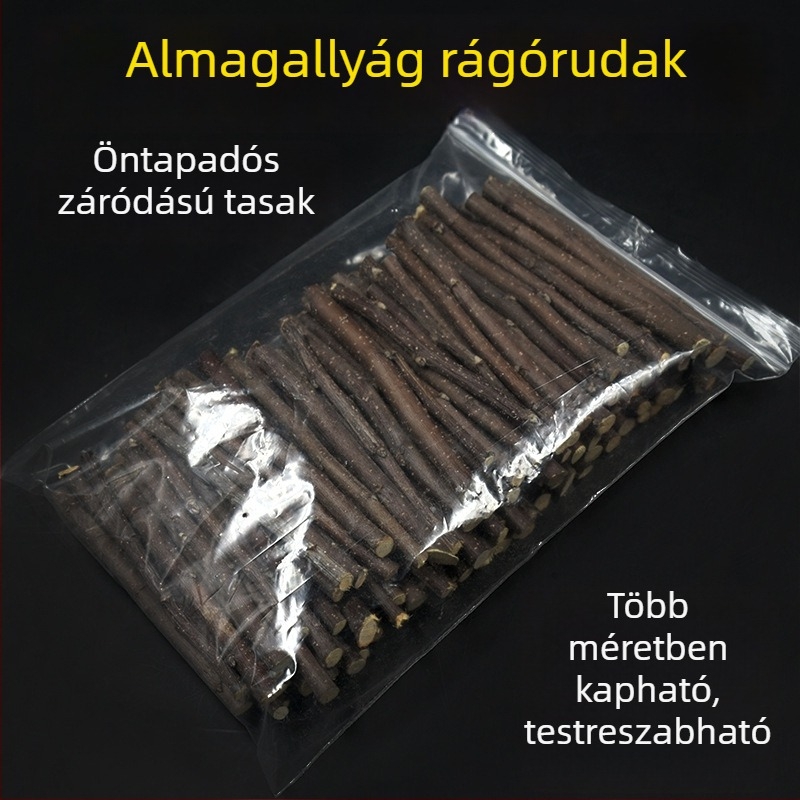 Almavesszőből készült rágóbotok hörcsögöknek, nyulaknak, tengerimalacoknak, csincsilláknak és mókusoknak – nassolnivaló Ziplock zacskóban