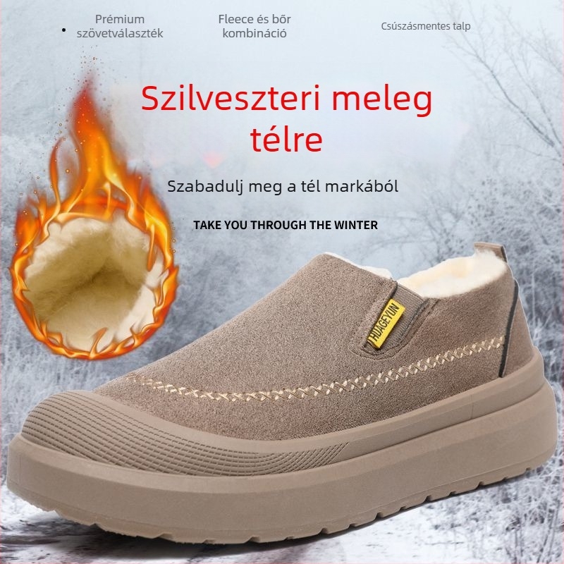 Férfi téli papucs fleece-béléses, vastag talppal, könnyen felhúzható, csúszásmentes talp, kerek orrú